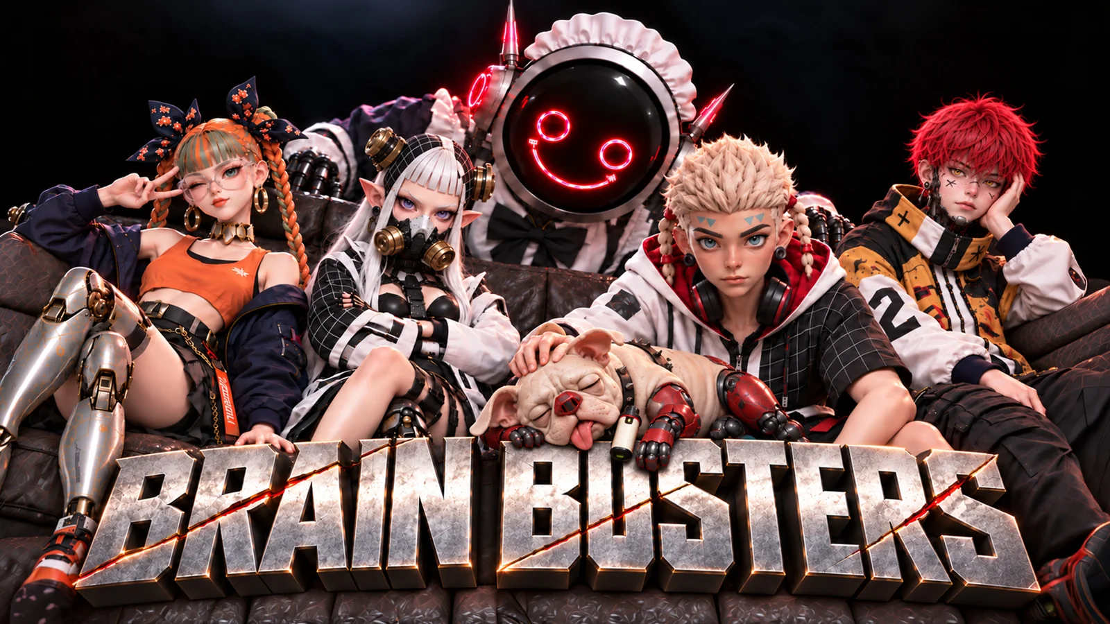 BRAIN BUSTERSのメインビジュアル。レン、レイナ、ルカ、シド、ニコとバグ