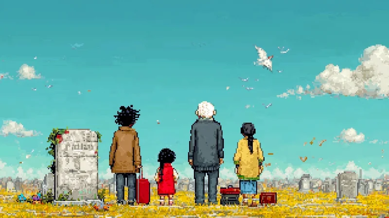 青空の下に並ぶ、さまざまな年代の人物たちの後ろ姿