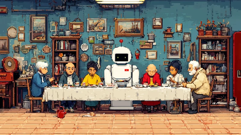 ロボットと人々がテーブルを囲む、絵の飾られた部屋