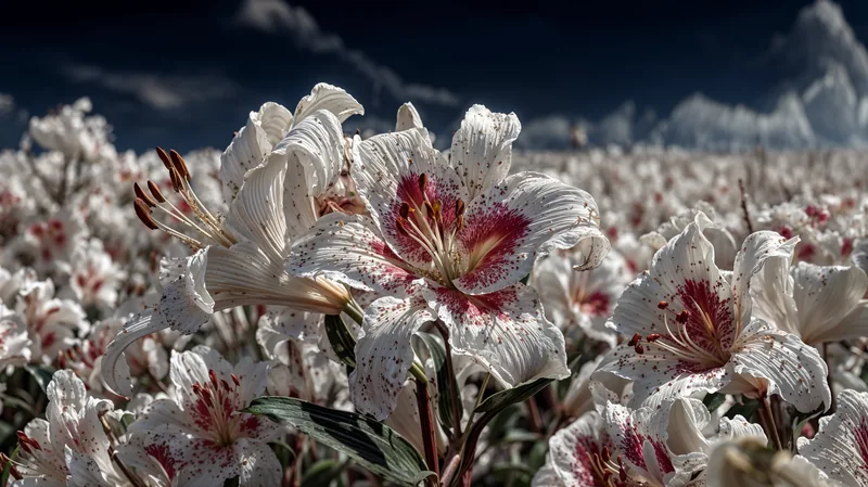 白い花びらに赤い模様が広がる、幻想的な花畑