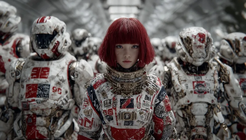 白と赤の装いの少女と、背後に並ぶロボットたち