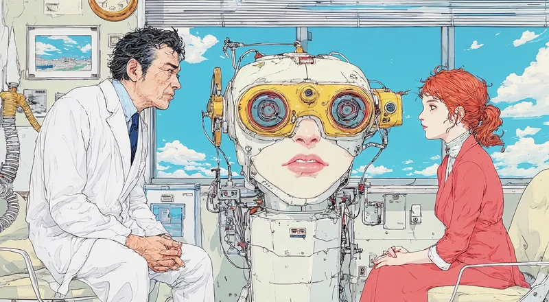 白衣の人物と赤い服の人物の間にいる、大きなロボットの顔