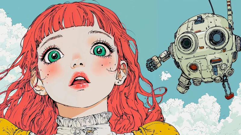 青空の下、赤髪の少女と丸い小さなロボット