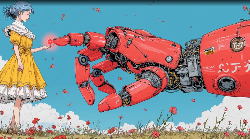 花の咲く場所で、黄色いワンピースの人物と大きな赤いロボットの手が触れる場面