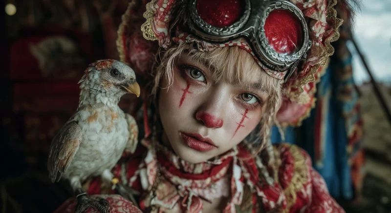 鳥を肩に乗せた、赤い飾りとゴーグルの人物