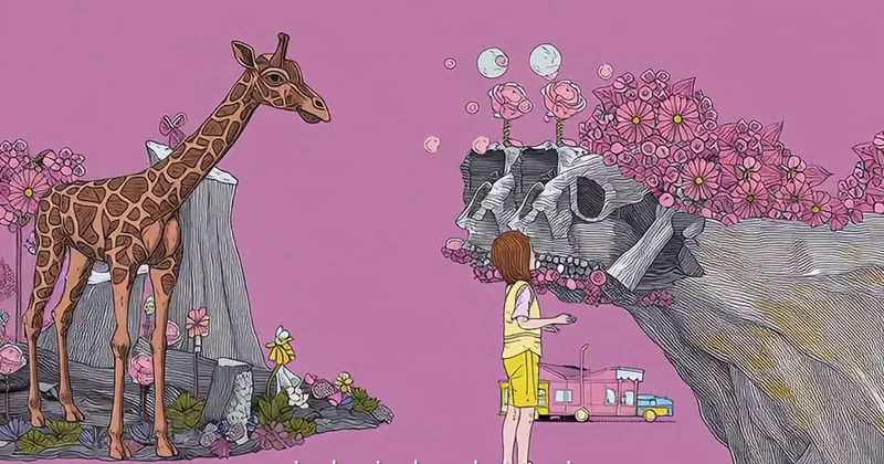 ピンクの空の下、キリンと巨大な頭蓋骨がある風景