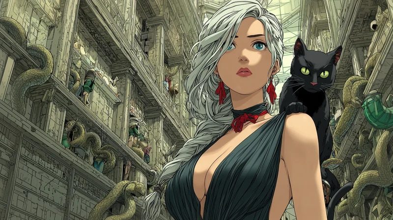 古い街並みを背景に、黒猫を肩に乗せた銀髪のキャラクター