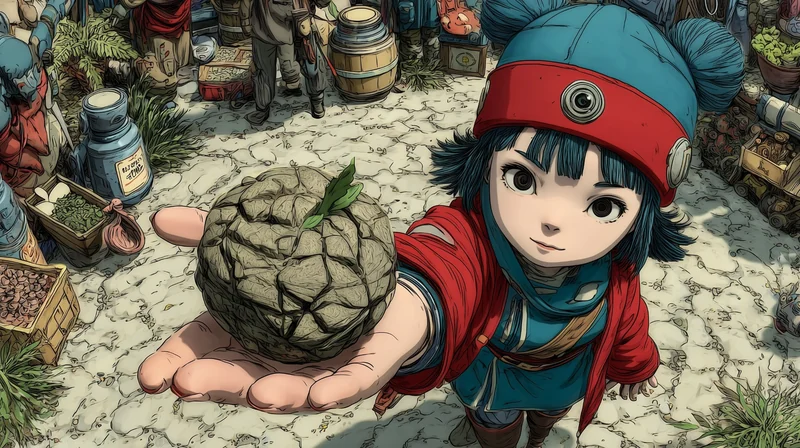 丸い植物のようなものを手のひらに乗せる、赤と青の服のキャラクター