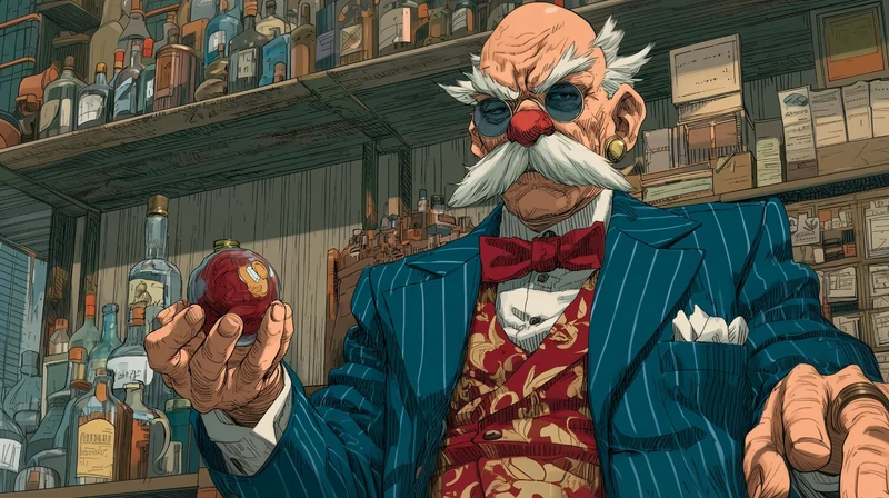 本や瓶が並ぶ店で、赤い実を手にする白いひげのキャラクター